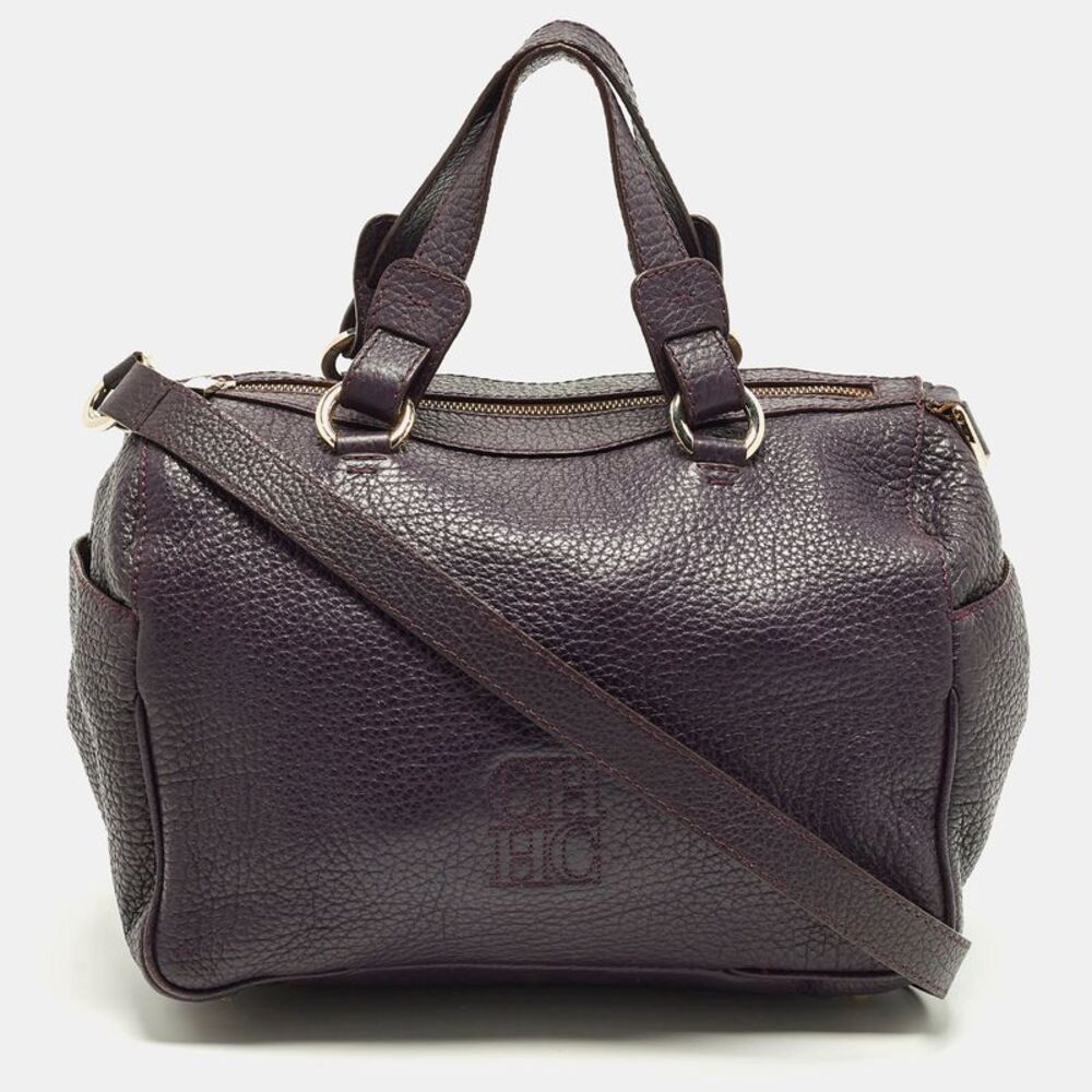 Ch Carolina Herrera Dark Purple Grained Leather Boston Bag